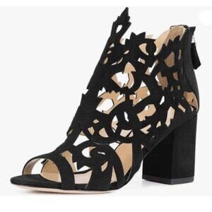 YDN Women Chic Peep Toe Chunky Mid High Heels Ankle Boots Classic Cutout Black